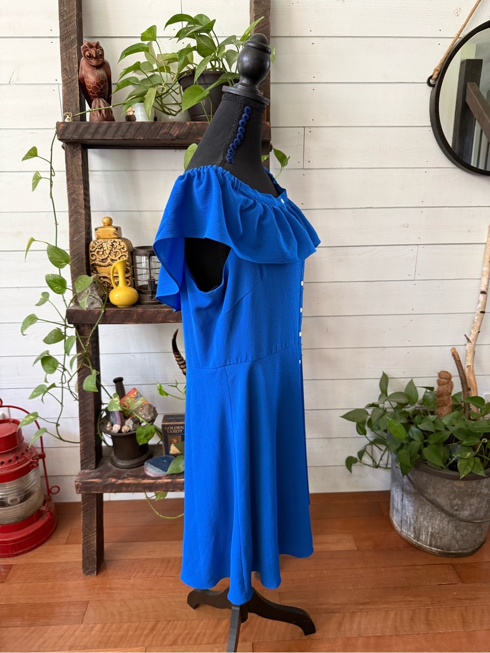 Roz & Ali Shoulder Ruffle Button-Front Royal Blue Dress Size 16 - Picture 13 of 17